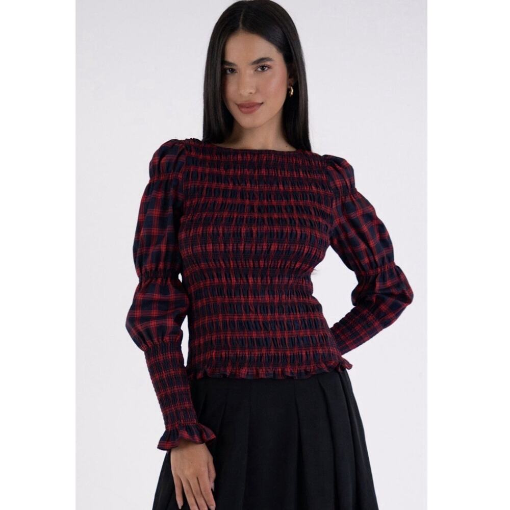 Amy Lynn NWT Women’s Iris Smocked Long Sleeve Top Size 6 Red Blue Plaid CC